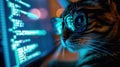 Hacker works in dark room, cat wearing glasses uses computer. Concept of spy, ransomware, cyber technology, hack, vulnerability,