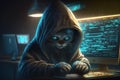 Hacker works in dark room, hooded cat uses computer, illustration, generative AI