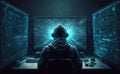 Hacker works in dark room, man uses computer with futuristic monitors, generative AI