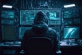 Hacker works in dark room, man uses computer with monitors for crime, generative AI