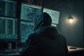 Hacker works in dark room, man uses computers with many monitors, generative AI