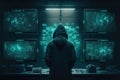 Hacker works with data in dark room, man stands near computer monitors, generative AI