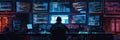 A hacker works diligently at a desk, immersed in data on various computer screens in a dark, ambient environment