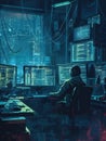 A hacker works diligently at a desk surrounded by glowing computer screens, focusing on complex data in a dimly lit room