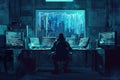 A hacker works intensely at a desk filled with computer screens, illuminated by glowing data, in a darkened urban