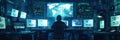 A hacker works intently at a desk cluttered with computer screens, analyzing data in a dimly lit environment focused on