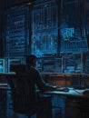 A hacker works intently at a desk in a dimly lit room, analyzing data across several glowing computer screens, immersed