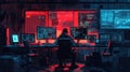 A hacker works intently at a desk, illuminated by the glow of multiple computer screens, in a dark, tech-filled