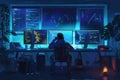 A hacker works intently at a desk, surrounded by glowing computer screens displaying coding and data in a dark
