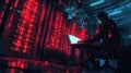 A hacker works intently at a laptop in a dark server room, surrounded by illuminated screens and data streams, deep in Royalty Free Stock Photo