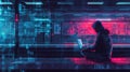 A hacker works intently on a laptop at a metro station, emphasizing the dangers of using public Wi-Fi networks for