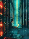 A hacker works intently on a laptop surrounded by glowing servers in a darkened server room, showcasing advanced