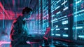 A hacker works intently on a laptop, surrounded by illuminated server racks in a dark environment. Generative AI