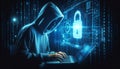 Hacker at workstation, typing on laptop with holographic illustration of binary code and padlock Royalty Free Stock Photo