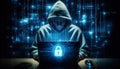 Hacker at workstation, typing on laptop with holographic illustration of binary code and padlock Royalty Free Stock Photo