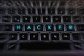 Hacker written on the keys of a laptop backlit keyboard. Internet data safety concept