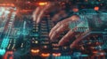 A hacker& x27;s hands are actively typing on a keyboard, surrounded by floating digital symbols and codes that create an Royalty Free Stock Photo