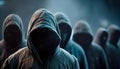 Hackers army. Dangerous hooded group of hackers. Internet, cyber crime, cyber attack concept. Anonymous. AI generated
