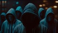 Hackers army. Dangerous hooded group of hackers. Internet, cyber crime, cyber attack concept. Anonymous. AI generated