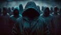 Hackers army. Dangerous hooded group of hackers. Internet, cyber crime, cyber attack concept. Anonymous. AI generated