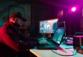 Hackers breaking server using multiple computers and infected virus ransomware. Cybercrime, information technology Royalty Free Stock Photo