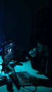 Hackers breaking server using multiple computers and infected virus ransomware. Cybercrime, technology, phishing mail concept. Royalty Free Stock Photo