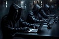 Hackers with hoodies typing laptops. Hacker group, organization or association. AI generated