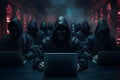 Hackers with hoodies typing laptops. Hacker group, organization or association. AI generated
