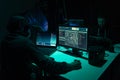 Hackers making cryptocurrency fraud using virus software and computer interface. Blockchain cyberattack, ddos and Royalty Free Stock Photo