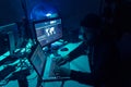 Hackers making cryptocurrency fraud using virus software and computer interface. Blockchain cyberattack, ddos and Royalty Free Stock Photo