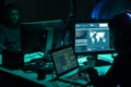 Hackers making cryptocurrency fraud using virus software and computer interface. Blockchain cyberattack, ddos and Royalty Free Stock Photo