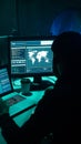 Hackers making cryptocurrency fraud using virus software and computer interface. Blockchain cyberattack, ddos and Royalty Free Stock Photo