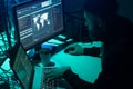Hackers making cryptocurrency fraud using virus software and computer interface. Blockchain cyberattack, ddos and Royalty Free Stock Photo