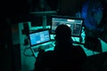 Hackers making cryptocurrency fraud using virus software and computer interface. Blockchain cyberattack, ddos and Royalty Free Stock Photo