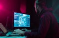 Hackers making cryptocurrency fraud using virus software and computer interface. Blockchain cyberattack, ddos and