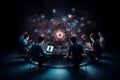 Computer specialists create software. Hackers sit and work at computers. Young programmers write codes in front of computer