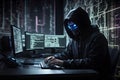 Hackers using laptops with binary codes digital interfaces