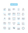 Hackers vector line icons set. hacking, cracker, malware, virus, exploit, phishing, cryptovirus illustration outline