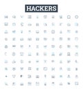 Hackers vector line icons set. hacking, cracker, malware, virus, exploit, phishing, cryptovirus illustration outline