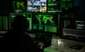 Hackers working on computers showing world maps and security camera footage Royalty Free Stock Photo