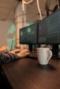 Hackers writing malware code, developers programming app on computer Royalty Free Stock Photo