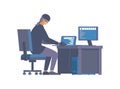 Hacking activity, cybercrime flat vector illustration. Dangerous thief in disguise working with computer cartoon Royalty Free Stock Photo