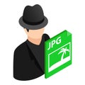 Hacking attack icon isometric vector. Faceless character hacker jpg file format