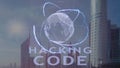 Hacking code text with 3d hologram of the planet Earth against the backdrop of the modern metropolis Royalty Free Stock Photo