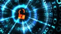 Hacking computer system, database, social network account. Hacked lock symbol on abstract computer data background, data theft