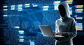 Hacking concept with hacker using laptop at digital map with node tree and binary code background Royalty Free Stock Photo