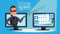 Hacking Concept Vector. Hacker Using Personal Computer Stealing Credit Card Information, Personal Data, Money. Flat Royalty Free Stock Photo