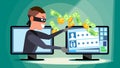 Hacking Concept Vector. Hacker Using Personal Computer Stealing Credit Card Information, Personal Data, Money. Network Royalty Free Stock Photo