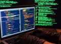 Hacking of database with admin access. Side view of hacker hands in gloves typing malicious code. Password theft hacking firewall
