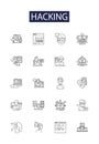 Hacking line vector icons and signs. data, computer, technology, attack, security, hack, virus,cyber outline vector